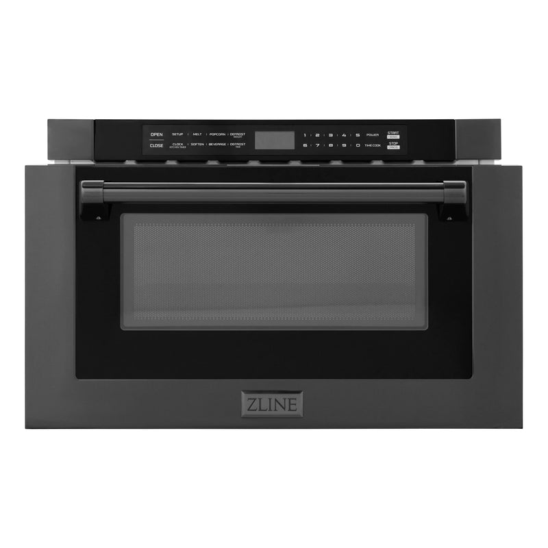 ZLINE 5-Piece Appliance Package - 48-Inch Dual Fuel Range, Hood, Refrigerator, Dishwasher, and Microwave Drawer in Black Stainless Steel
