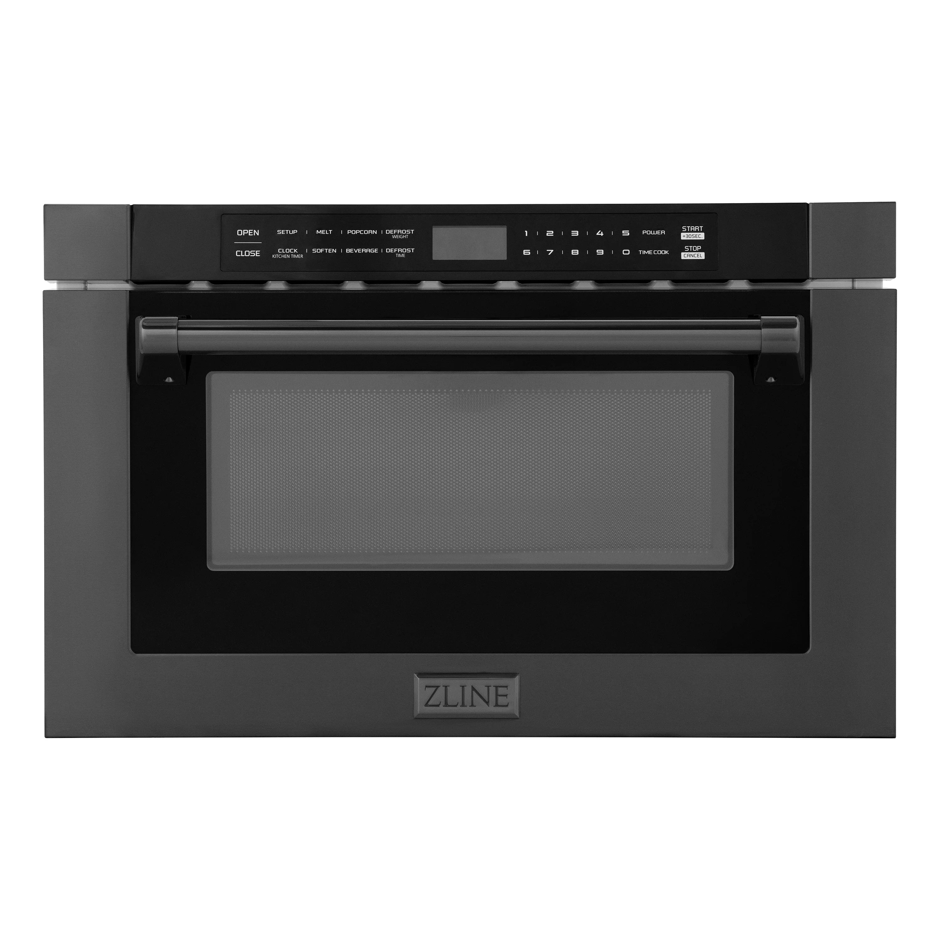 Black stainless steel built-in microwave drawer with control panel and dark door window