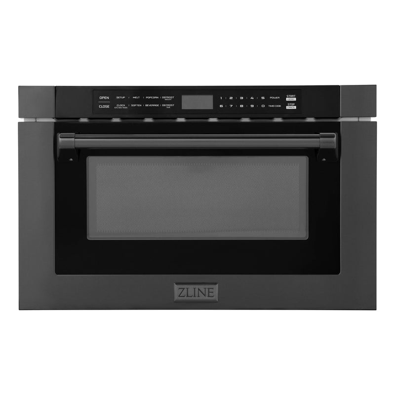 ZLINE 5-Piece Appliance Package - 48-Inch Dual Fuel Range, Hood, Refrigerator, Dishwasher, and Microwave Drawer in Black Stainless Steel