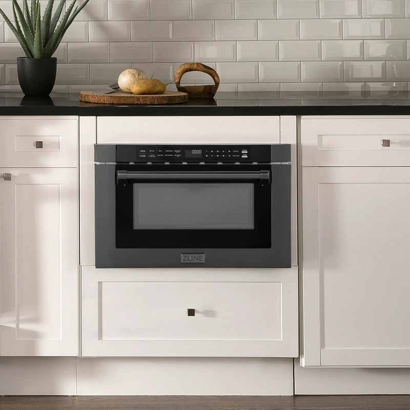 ZLINE 5-Piece Appliance Package - 48-Inch Dual Fuel Range, Hood, Refrigerator, Dishwasher, and Microwave Drawer in Black Stainless Steel