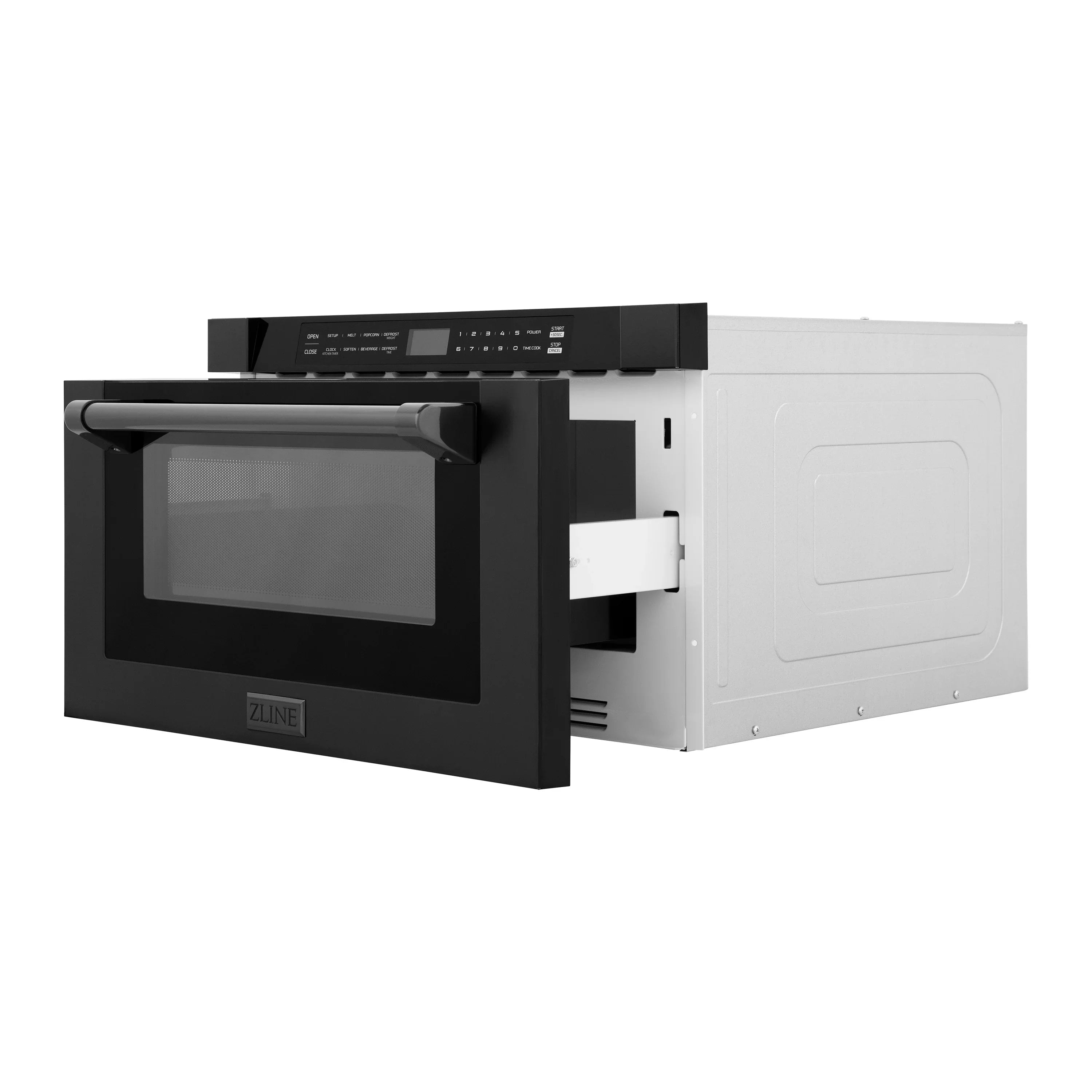 Black stainless steel microwave drawer with side view, door open and internal access