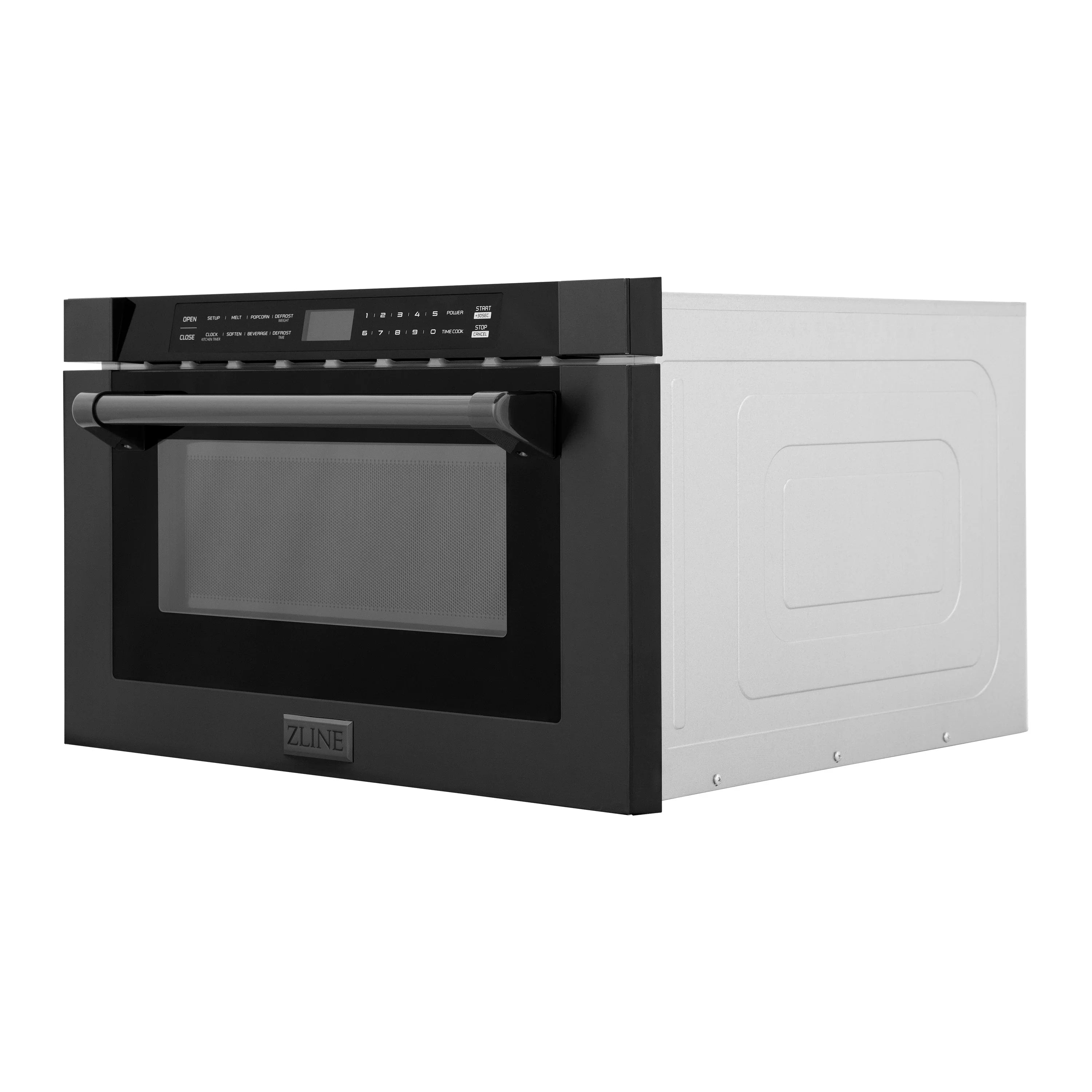 Microwave drawer in black stainless steel, side view with door open