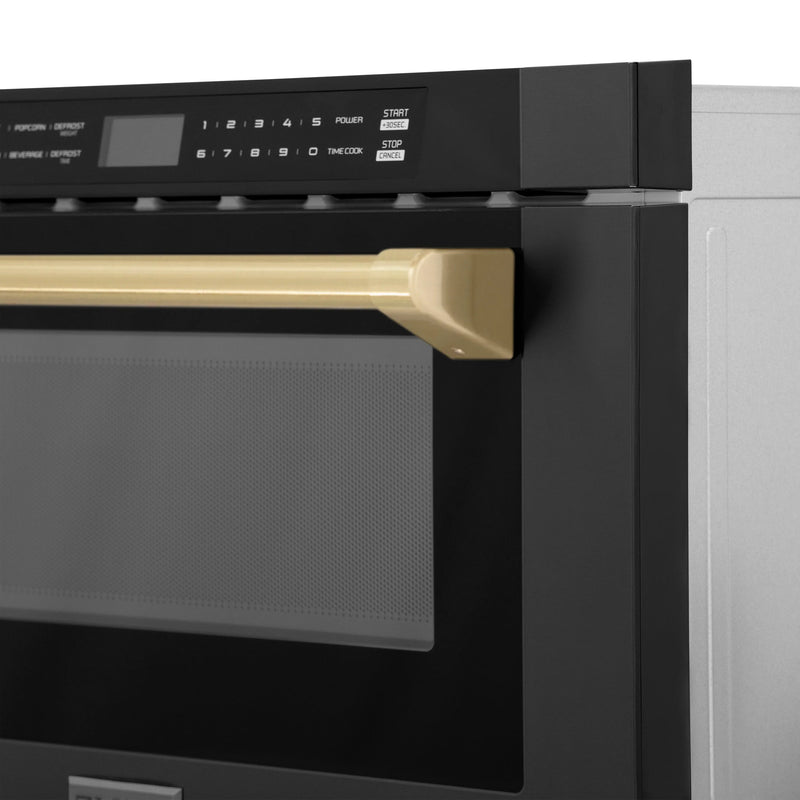 ZLINE 5-Piece Appliance Package - 36-Inch Gas Range, Hood, Refrigerator, Dishwasher, and Microwave Drawer in Black Stainless Steel with Champagne Bronze Accents