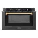 ZLINE 5-Piece Appliance Package - 30-Inch Gas Range, Hood, Refrigerator, Dishwasher, and Microwave Drawer in Black Stainless Steel with Champagne Bronze Accents