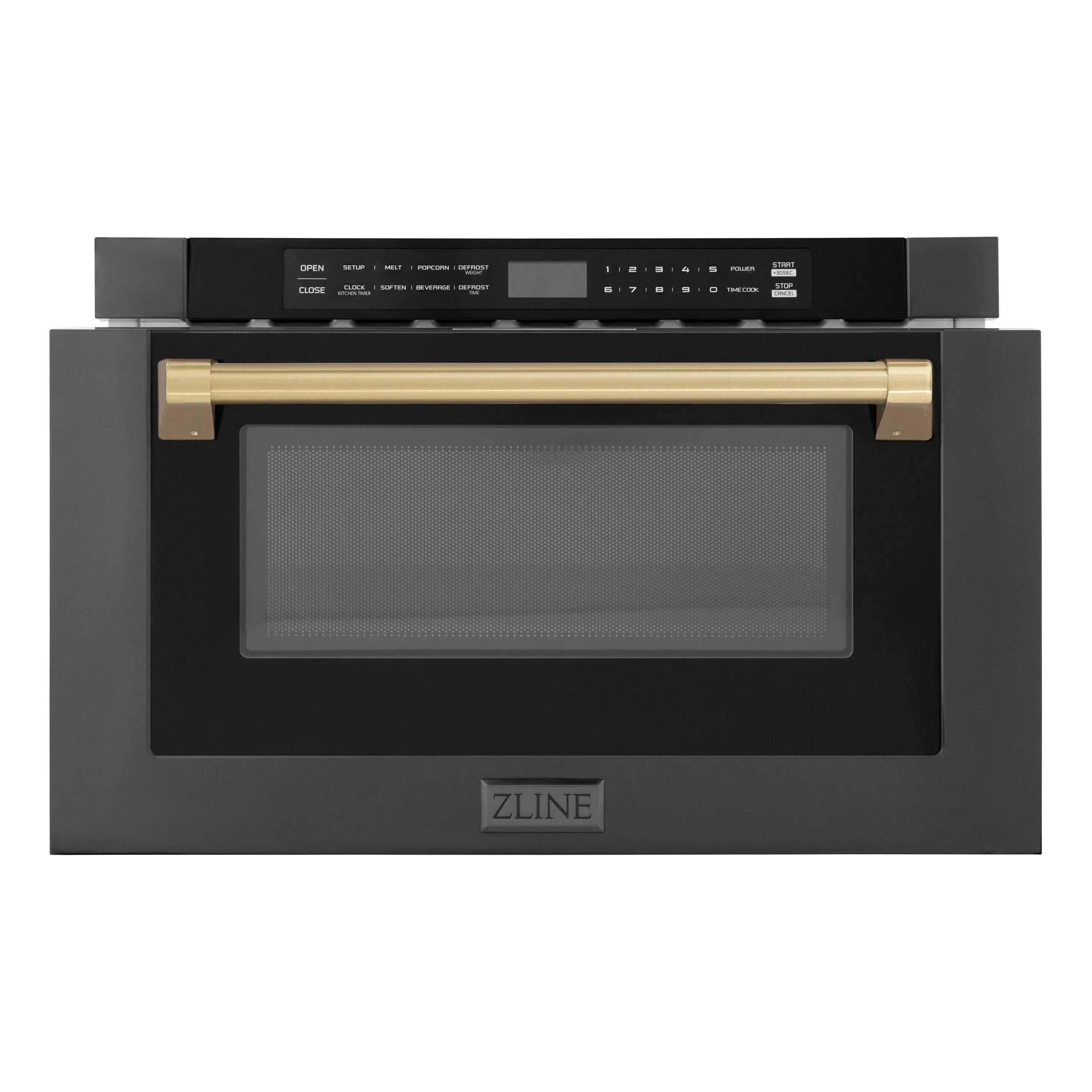 Black stainless steel microwave drawer front with champagne bronze handle and display panel.