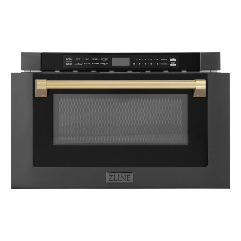 ZLINE 5-Piece Appliance Package - 36-Inch Gas Range, Hood, Refrigerator, Dishwasher, and Microwave Drawer in Black Stainless Steel with Champagne Bronze Accents