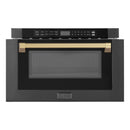ZLINE 5-Piece Appliance Package - 30-Inch Legacy Dual Fuel Range, Wall Mount Range Hood, 36-Inch French Door Refrigerator, Dishwasher, and 30-Inch Microwave Drawer in Black Stainless Steel with Champagne Bronze Accents