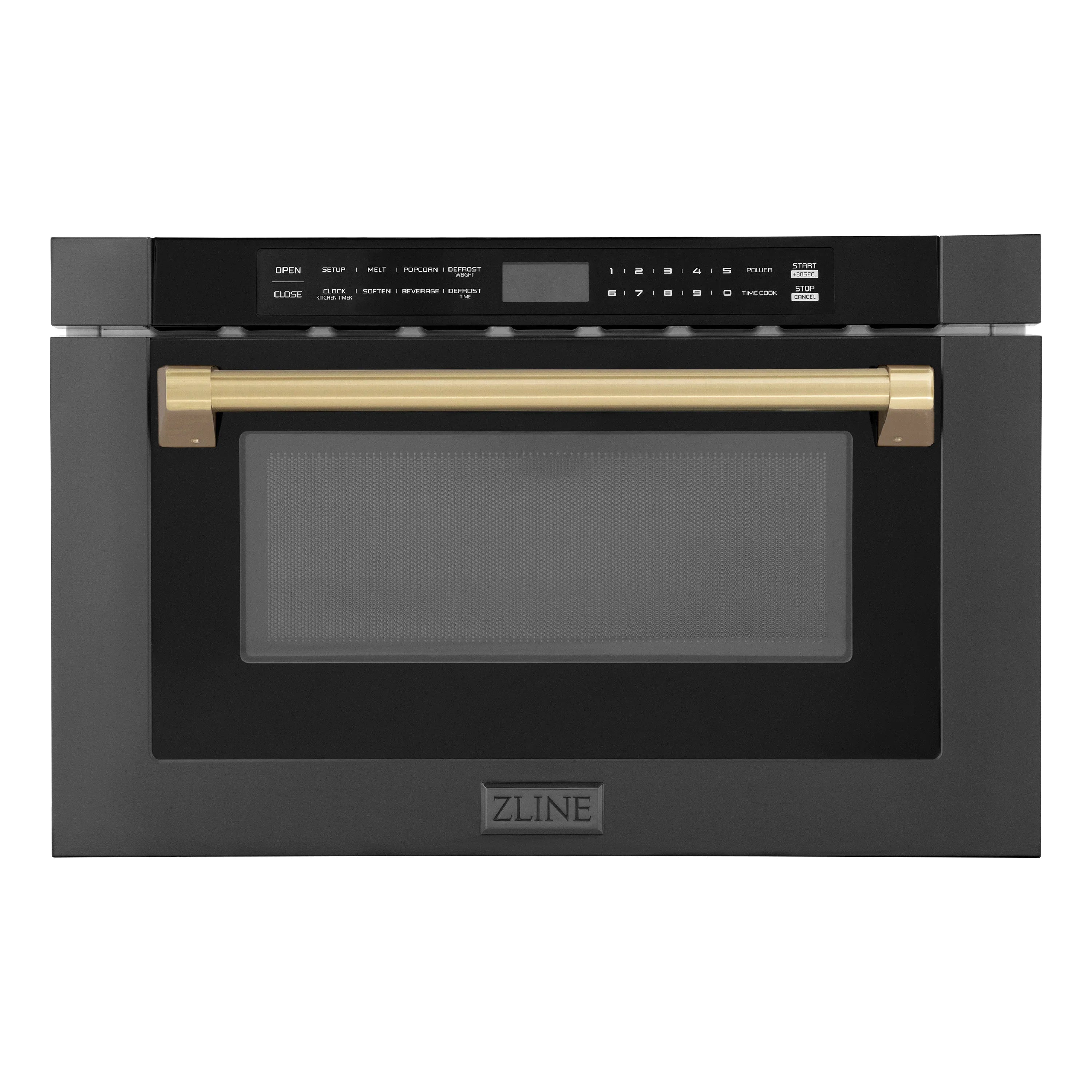 Black built-in oven with tinted glass door, control panel, and champagne bronze handle.