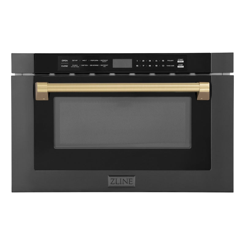 ZLINE 5-Piece Appliance Package - 36-Inch Gas Range, Hood, Refrigerator, Dishwasher, and Microwave Drawer in Black Stainless Steel with Champagne Bronze Accents