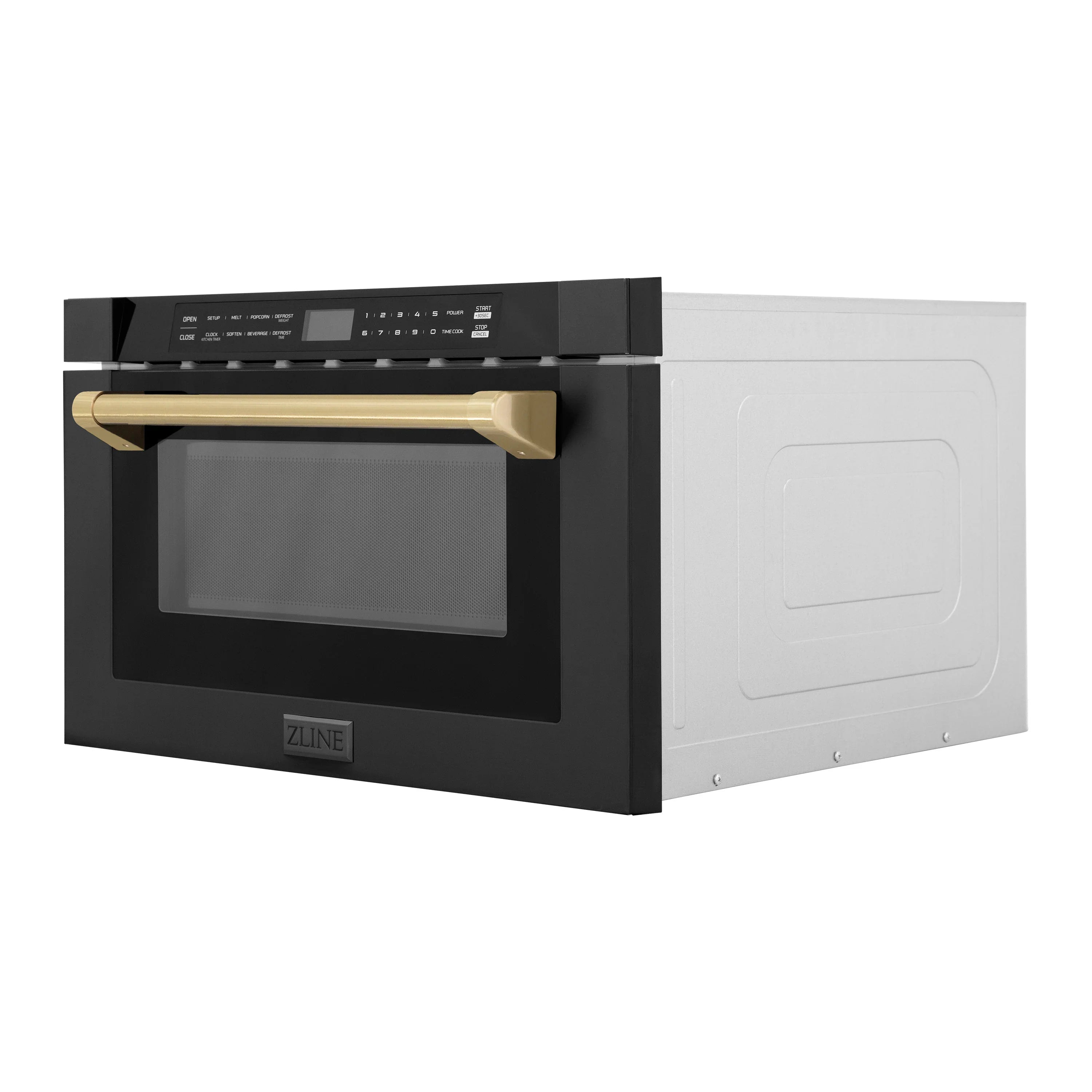 Black appliance side view with open door and champagne bronze handle, white rear housing.