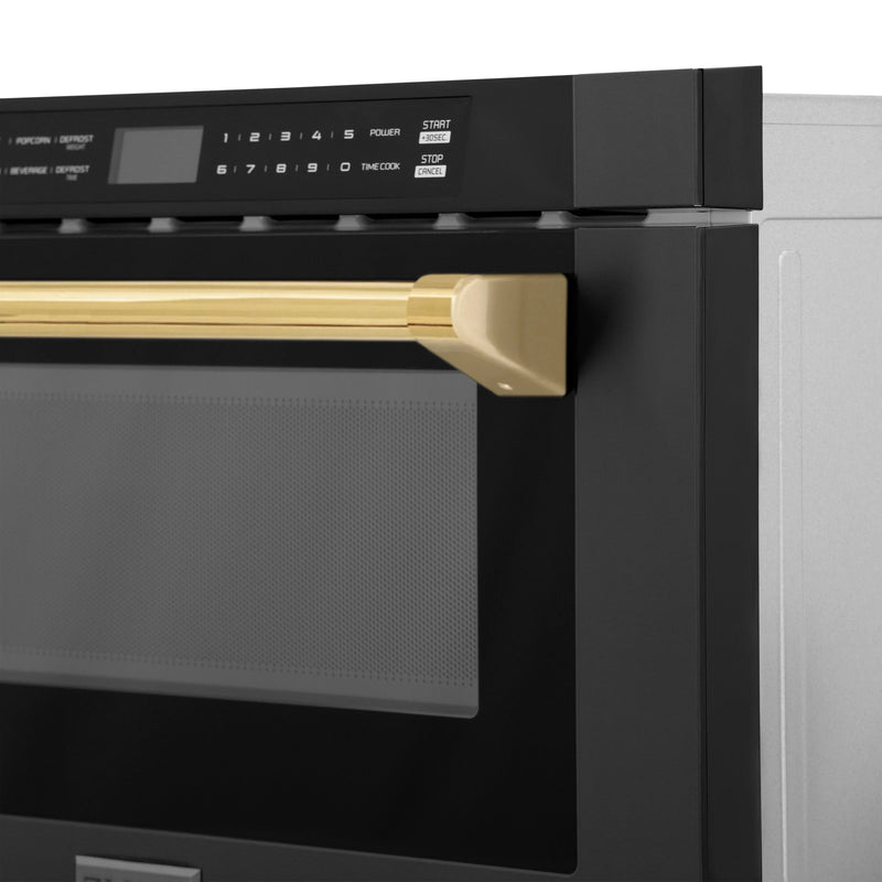 ZLINE 5-Piece Appliance Package - 30-Inch Dual Fuel Range, Hood, Refrigerator, Dishwasher, and Microwave Drawer in Black Stainless Steel with Gold Accents