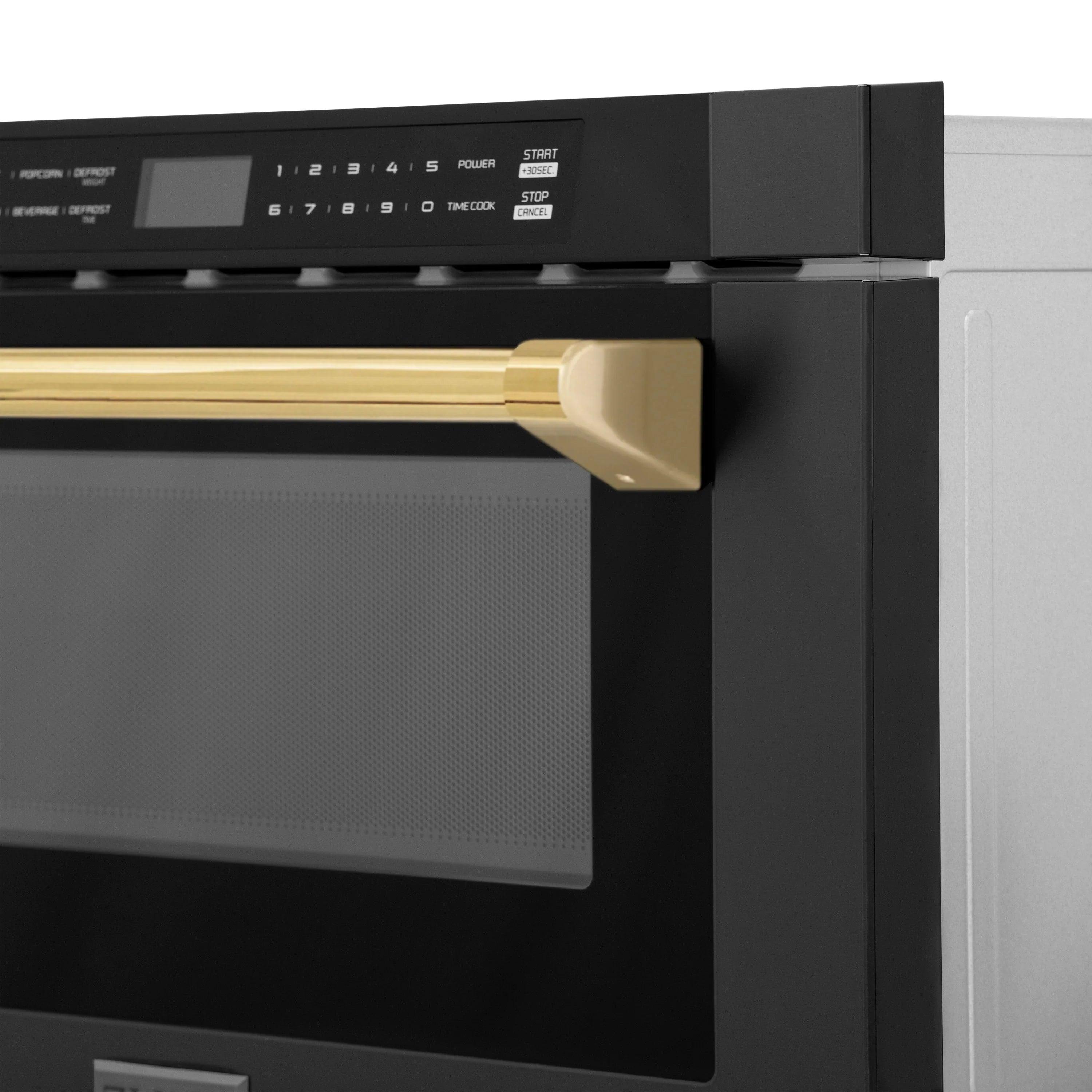 Close-up of black stainless microwave drawer control area and gold handle