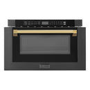 ZLINE 5-Piece Appliance Package - 30-Inch Gas Range, Hood, Refrigerator, Dishwasher, and Microwave Drawer in Black Stainless Steel with Gold Accents