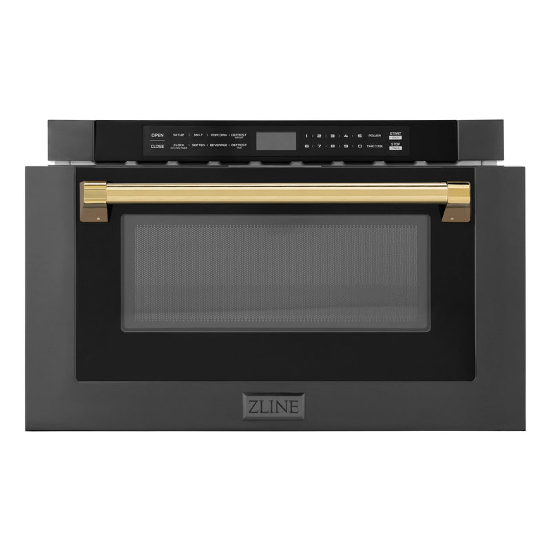 ZLINE 5-Piece Appliance Package - 30-Inch Dual Fuel Range, Hood, Refrigerator, Dishwasher, and Microwave Drawer in Black Stainless Steel with Gold Accents
