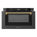 ZLINE 5-Piece Appliance Package - 36-Inch Paramount Gas Range, Wall Mount Range Hood, 36-Inch French Door Refrigerator, Dishwasher, and 30-Inch Microwave Drawer in Black Stainless Steel with Gold Accents