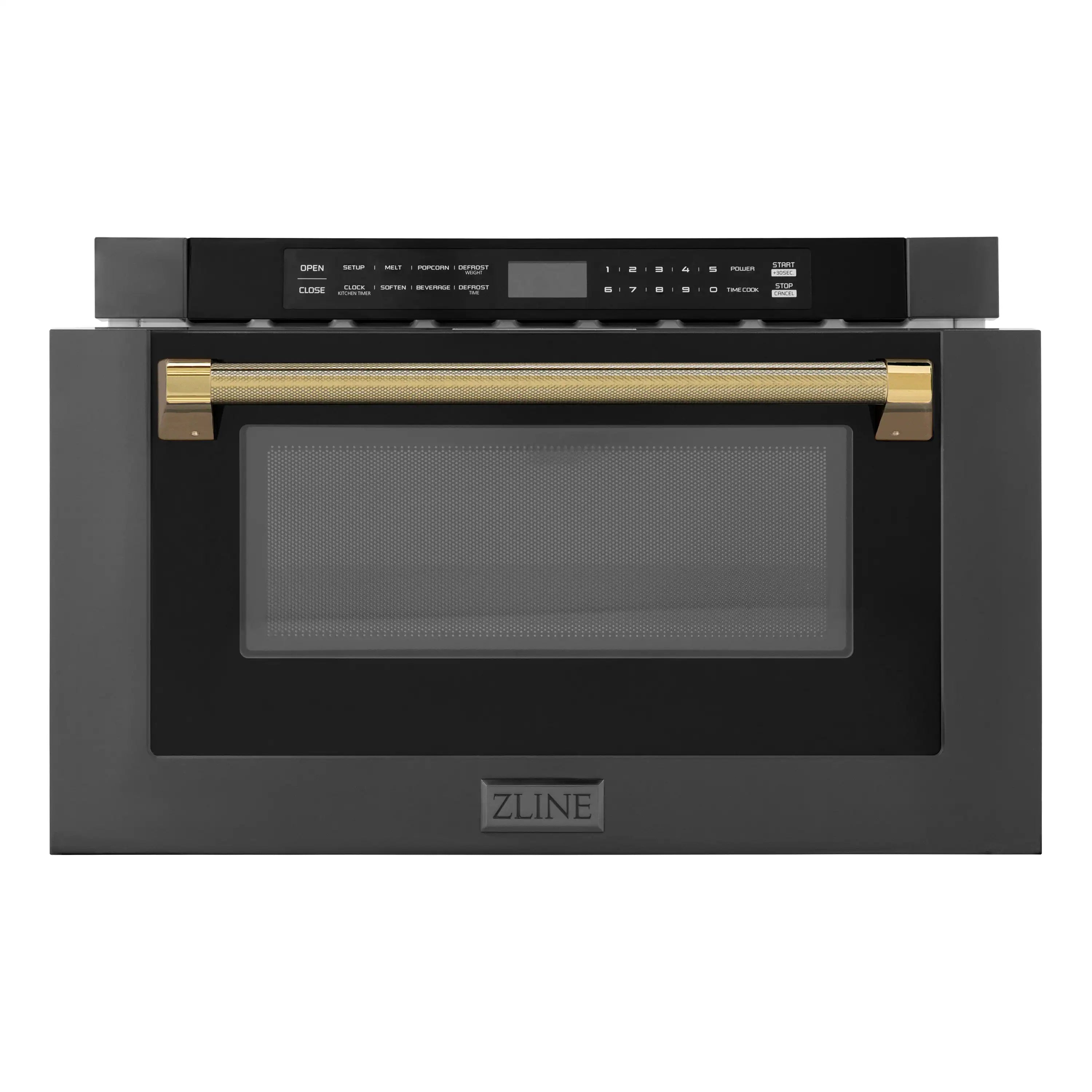 Matte black gas oven with gold trim bars and front viewing window