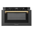 ZLINE 5-Piece Appliance Package - 48-Inch Dual Fuel Range, Hood, Refrigerator with Water Dispenser, Dishwasher, and Microwave Drawer in Black Stainless Steel with Gold Accents