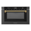 ZLINE 5-Piece Appliance Package - 36-Inch Paramount Dual Fuel Range, Wall Mount Range Hood, 36-Inch French Door Refrigerator, Dishwasher, and 30-Inch Microwave Drawer in Black Stainless Steel with Gold Accents