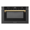 ZLINE 5-Piece Appliance Package - 48-Inch Gas Range, Hood, Refrigerator with Water Dispenser, Dishwasher, and Microwave Drawer in Black Stainless Steel with Gold Accents
