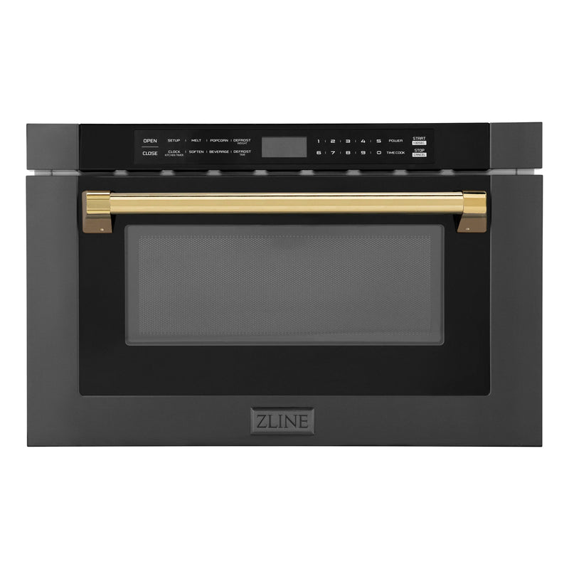 ZLINE 5-Piece Appliance Package - 30-Inch Dual Fuel Range, Hood, Refrigerator, Dishwasher, and Microwave Drawer in Black Stainless Steel with Gold Accents