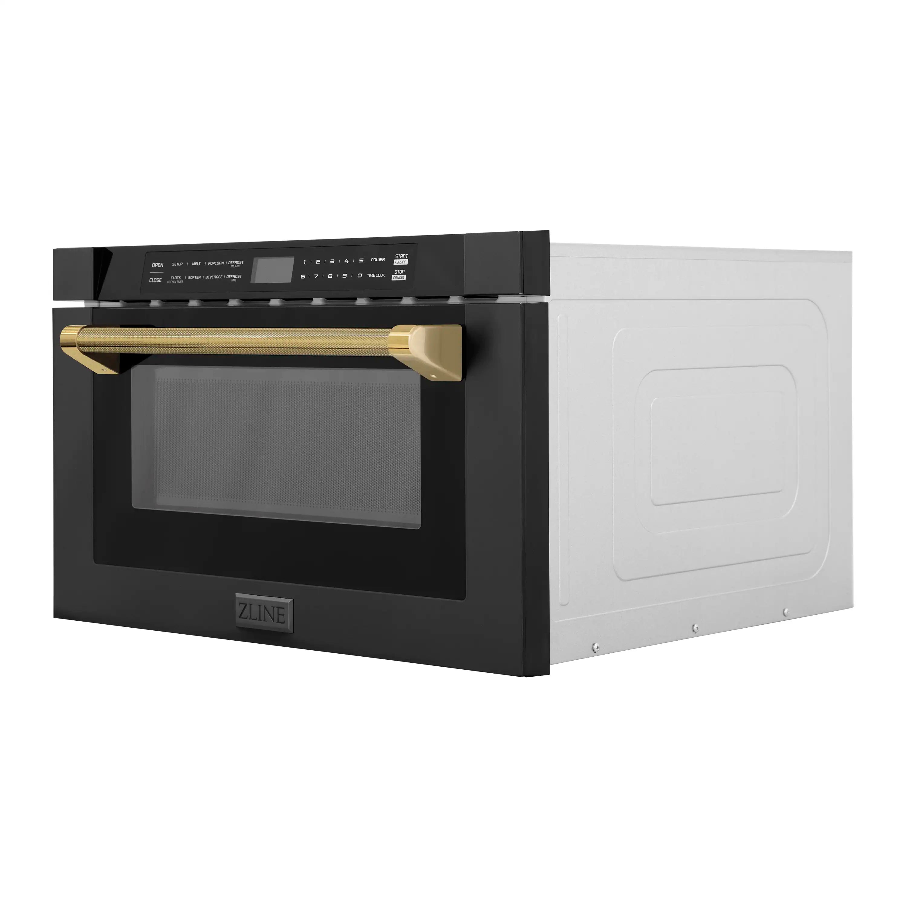 Black stainless oven with gold trim handle and ZLINE logo on front