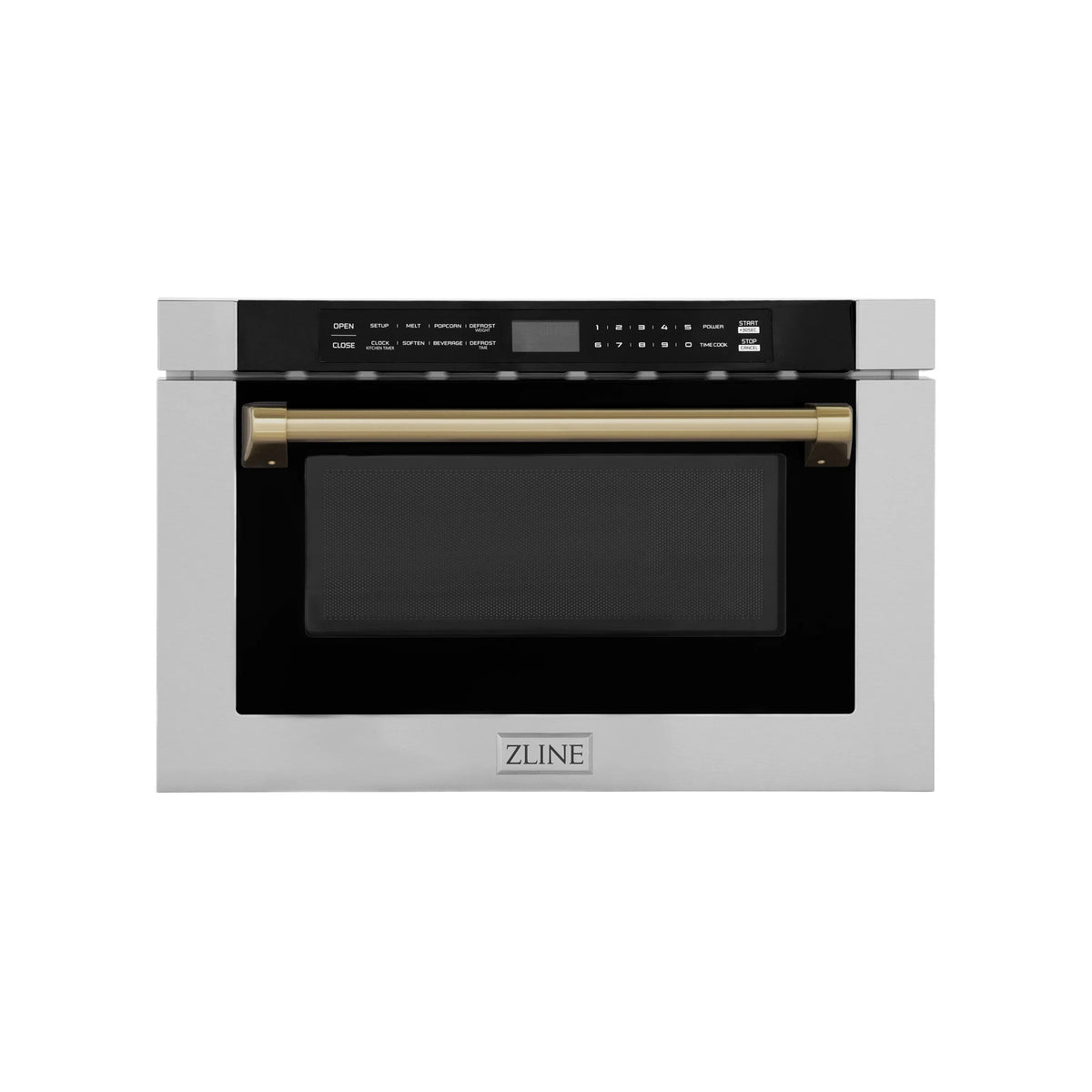 Built-in oven with stainless steel finish, black glass door, and gold handle