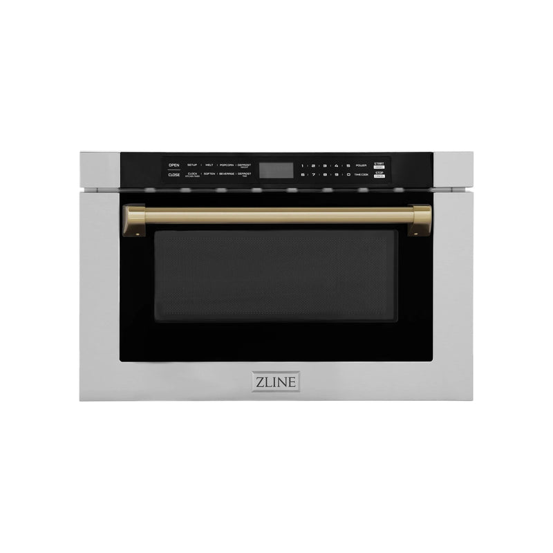 ZLINE 5-Piece Appliance Package - 36-Inch Gas Range, Hood, Refrigerator with Water Dispenser, Dishwasher, and Microwave Drawer in Stainless Steel with Champagne Bronze Accents