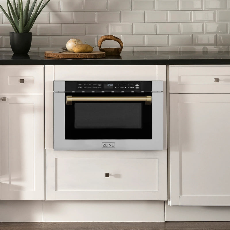 ZLINE 5-Piece Appliance Package - 36-Inch Gas Range, Hood, Refrigerator with Water Dispenser, Dishwasher, and Microwave Drawer in Stainless Steel with Champagne Bronze Accents