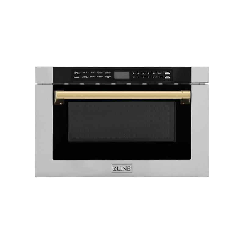 ZLINE 5-Piece Appliance Package - 36-Inch Gas Range, Hood, Refrigerator with Water Dispenser, Dishwasher, and Microwave Drawer in Stainless Steel with Gold Accents