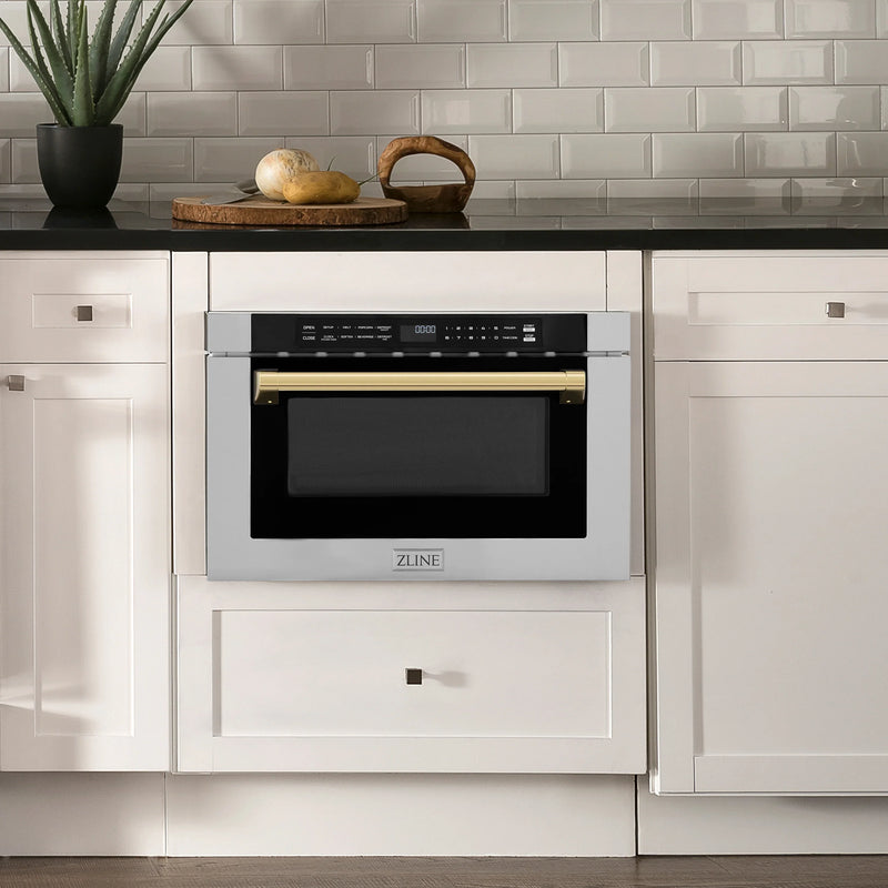 ZLINE 5-Piece Appliance Package - 36-Inch Gas Range, Hood, Refrigerator with Water Dispenser, Dishwasher, and Microwave Drawer in Stainless Steel with Gold Accents