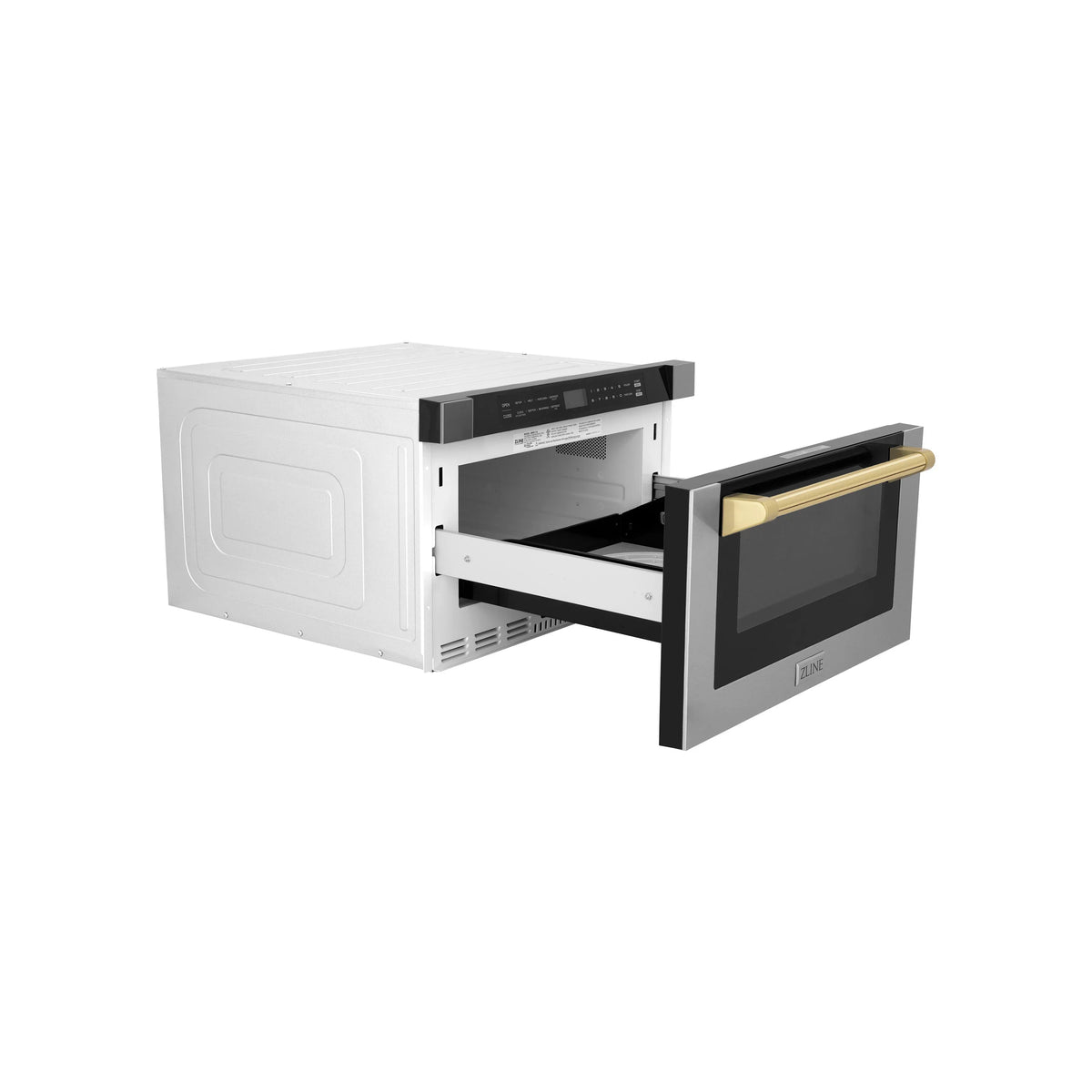 Dishwasher drawer open with black interior and gold handle on white exterior