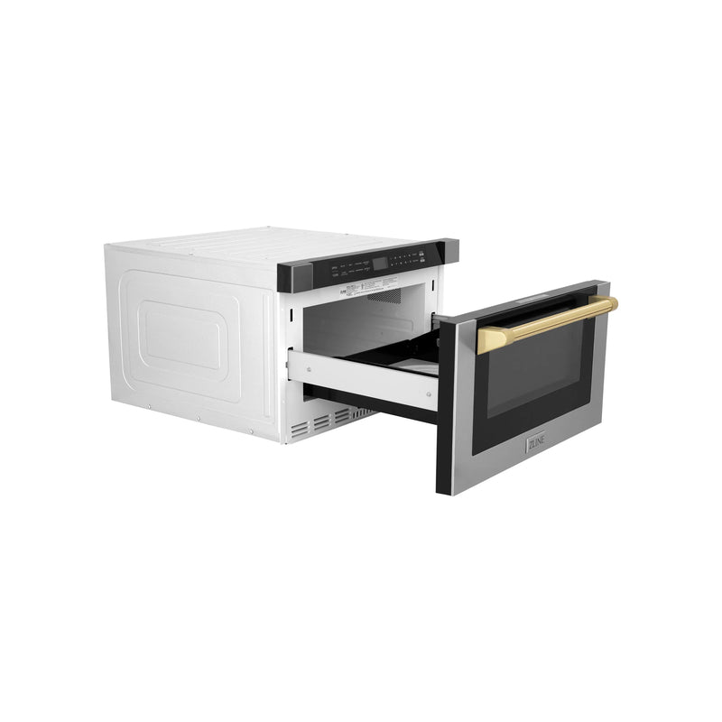ZLINE 5-Piece Appliance Package - 36-Inch Gas Range, Hood, Refrigerator with Water Dispenser, Dishwasher, and Microwave Drawer in Stainless Steel with Gold Accents