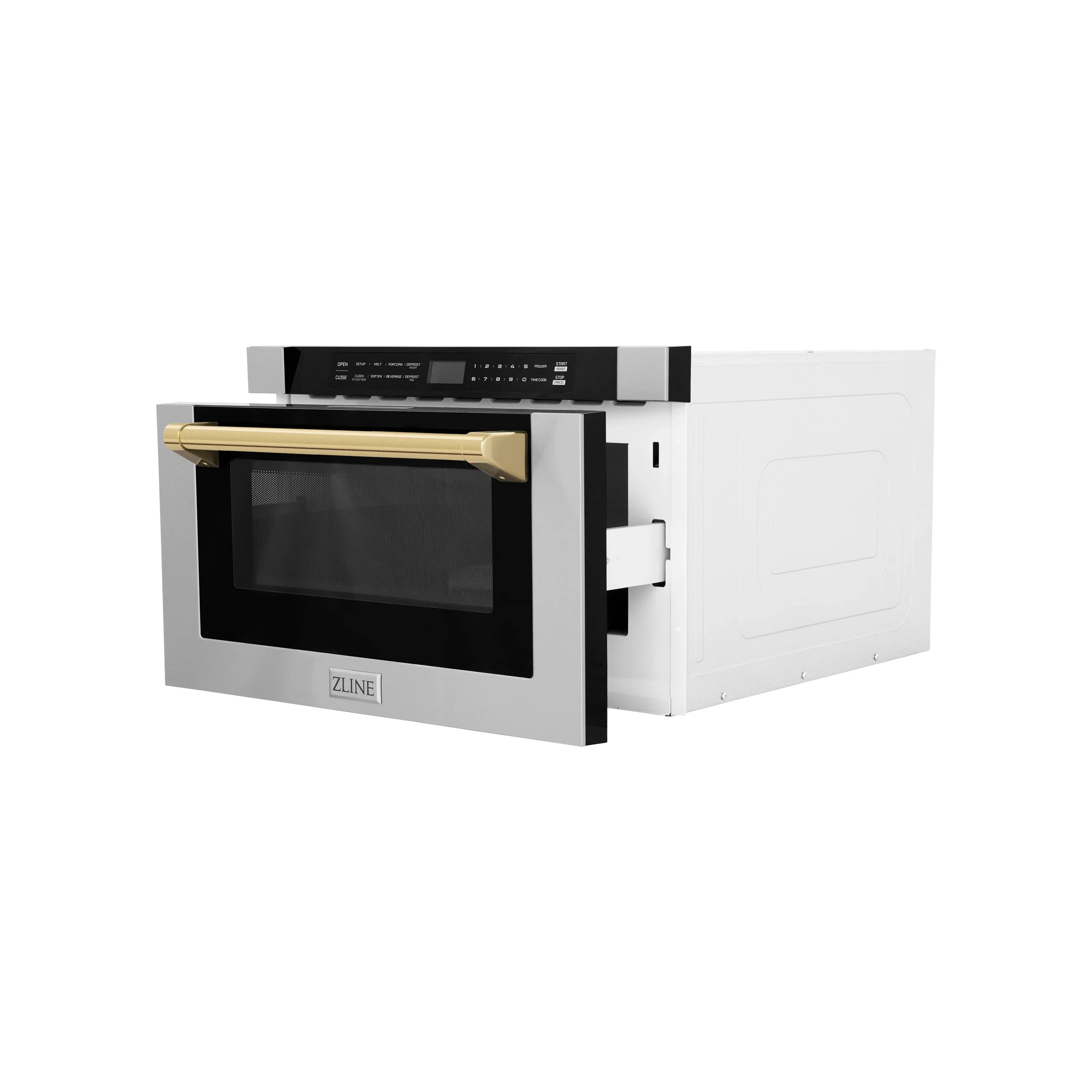 Microwave drawer with stainless interior and gold handle, open cabinet view