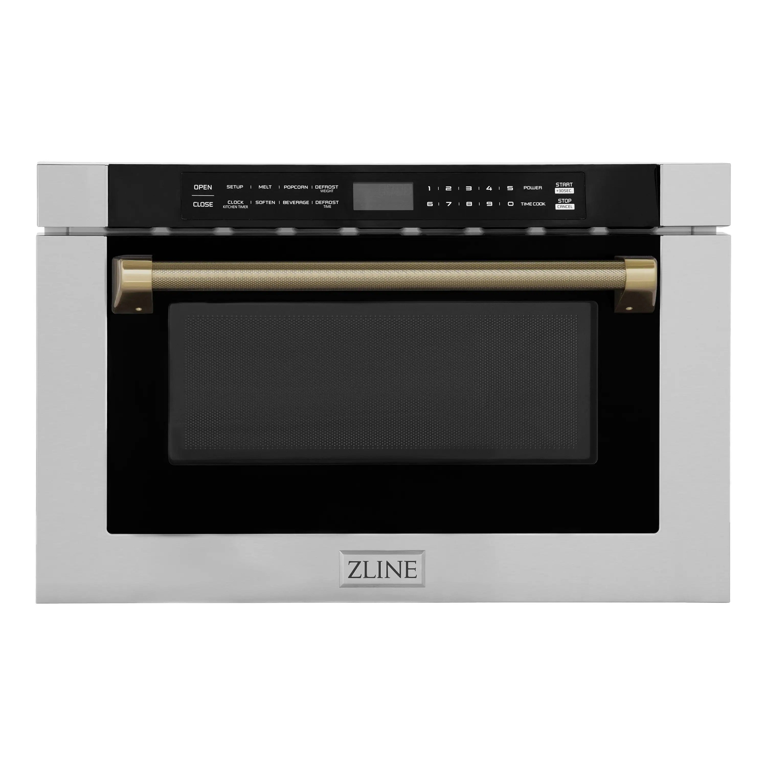 Microwave drawer with black control panel and stainless front, champagne bronze handles