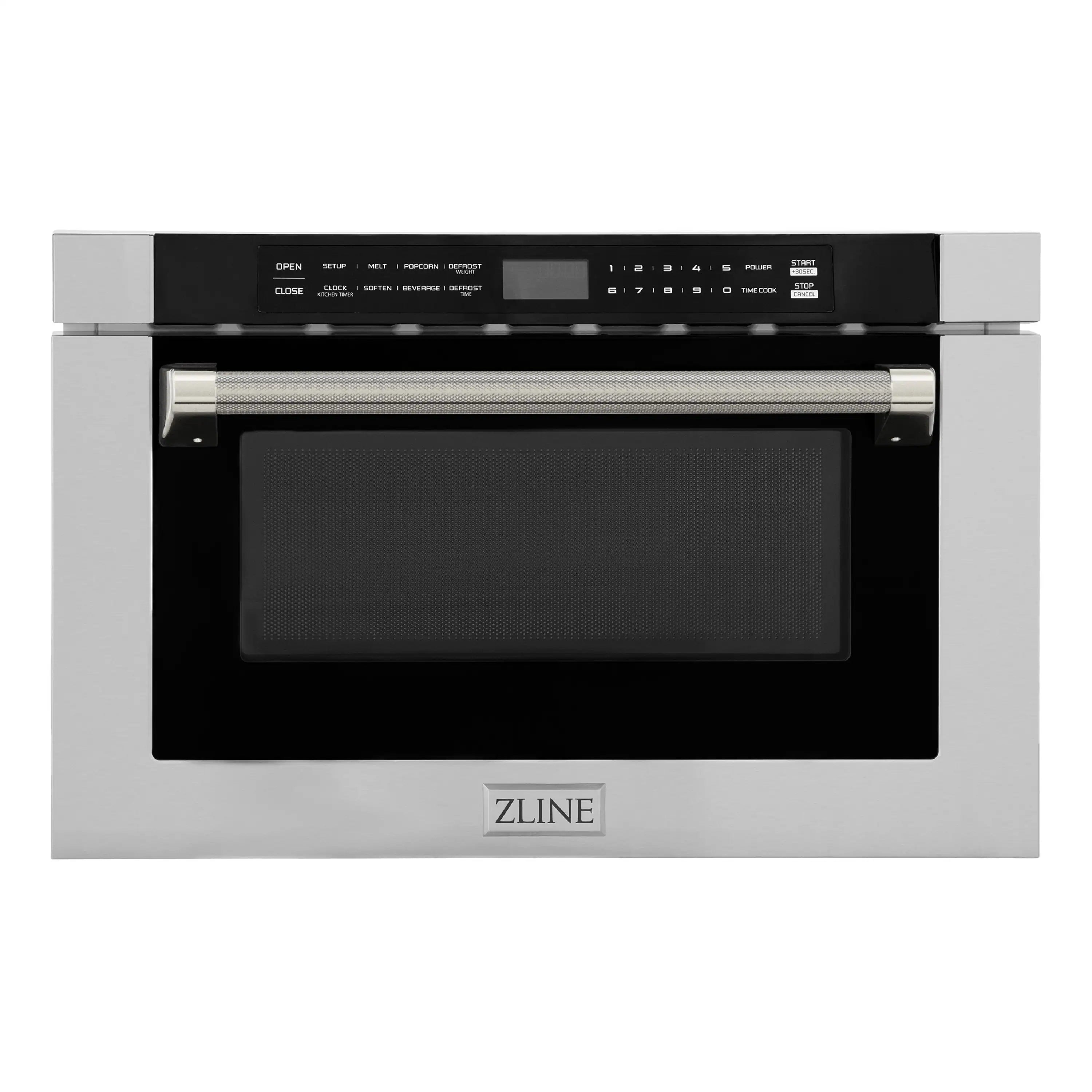 Stainless microwave drawer with black glass door and control panel above
