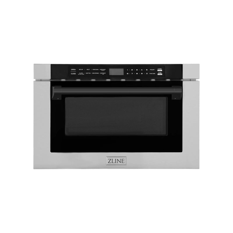 ZLINE 5-Piece Appliance Package - 36-Inch Dual Fuel Range, Hood, Refrigerator with Water Dispenser, Dishwasher, and Microwave Drawer in Stainless Steel with Matte Black Accents
