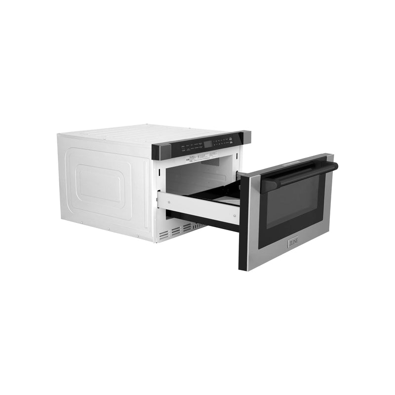 ZLINE 5-Piece Appliance Package - 36-Inch Dual Fuel Range, Hood, Refrigerator with Water Dispenser, Dishwasher, and Microwave Drawer in Stainless Steel with Matte Black Accents