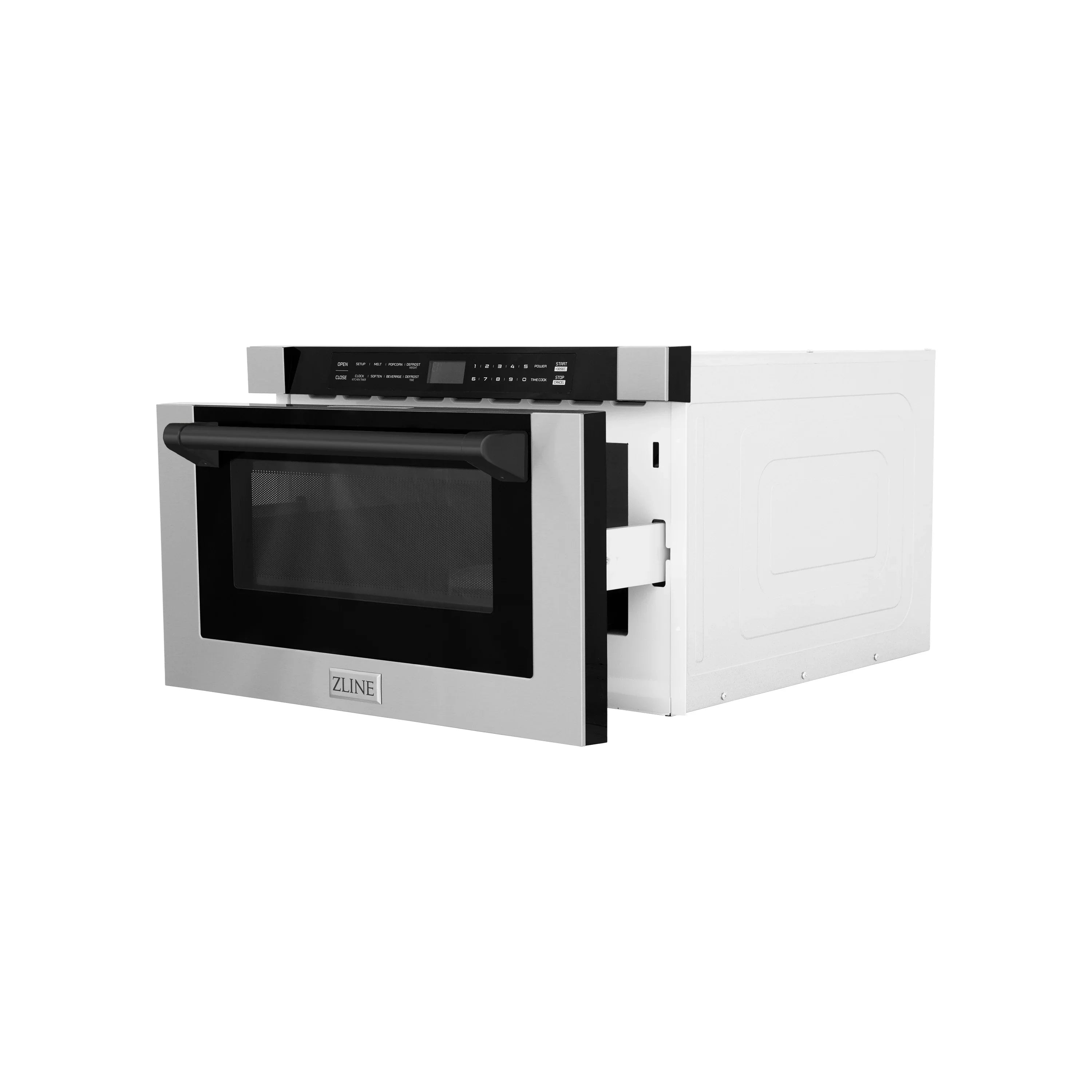 Built-in oven with open door, black glass window, and stainless steel frame, ZLINE