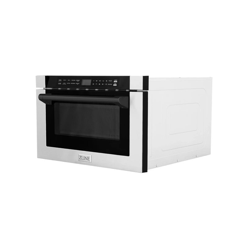 ZLINE 5-Piece Appliance Package - 36-Inch Dual Fuel Range, Hood, Refrigerator with Water Dispenser, Dishwasher, and Microwave Drawer in Stainless Steel with Matte Black Accents