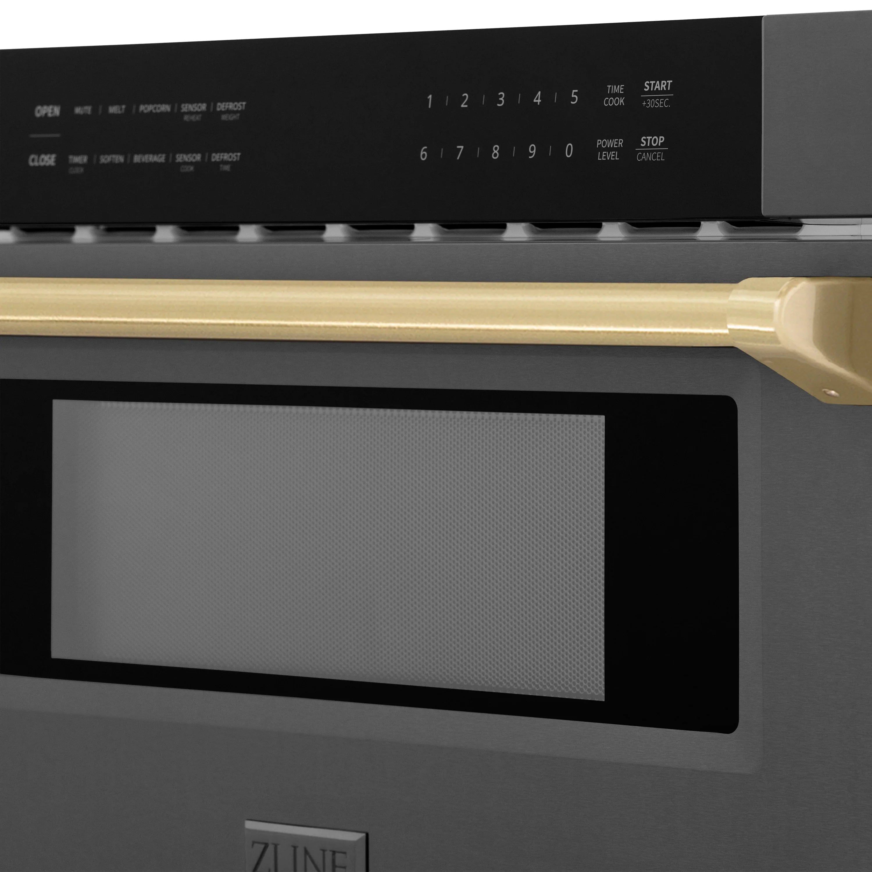 Black microwave drawer control panel and display with champagne bronze handle