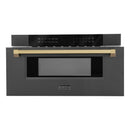 ZLINE 5-Piece Appliance Package - 30-Inch Autograph Edition Gas Range, Wall Mount Range Hood, 36-Inch French Door Refrigerator with Water Dispenser, Dishwasher, and 30-Inch Microwave Drawer in Black Stainless Steel with Champagne Bronze Accents