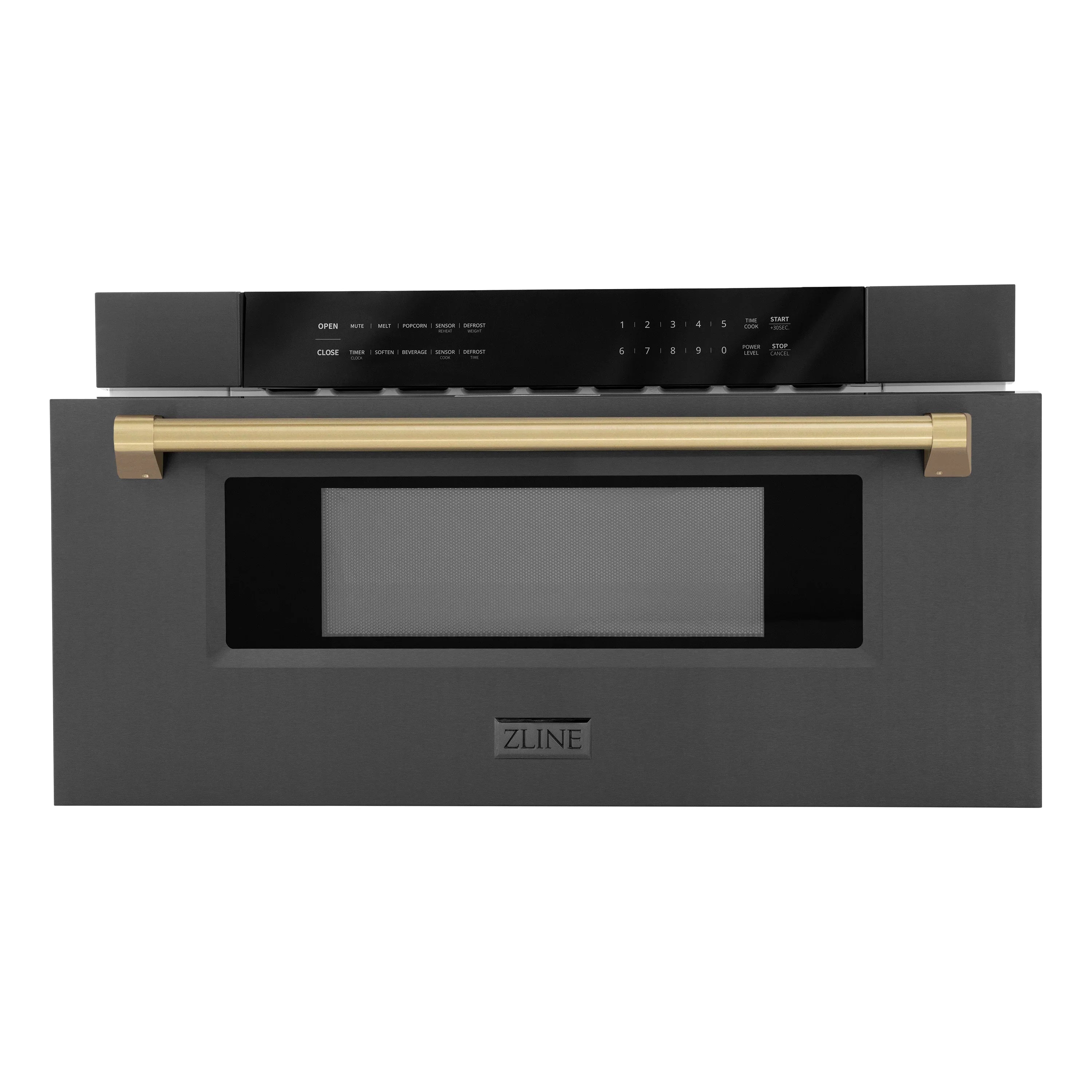 ZLINE black stainless range with gold accent bar and centered display window