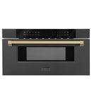 ZLINE 5-Piece Appliance Package - 30-Inch Paramount Gas Range, Wall Mount Range Hood, 36-Inch French Door Refrigerator, Dishwasher, and 30-Inch Microwave Drawer in Black Stainless Steel with Champagne Bronze Accents