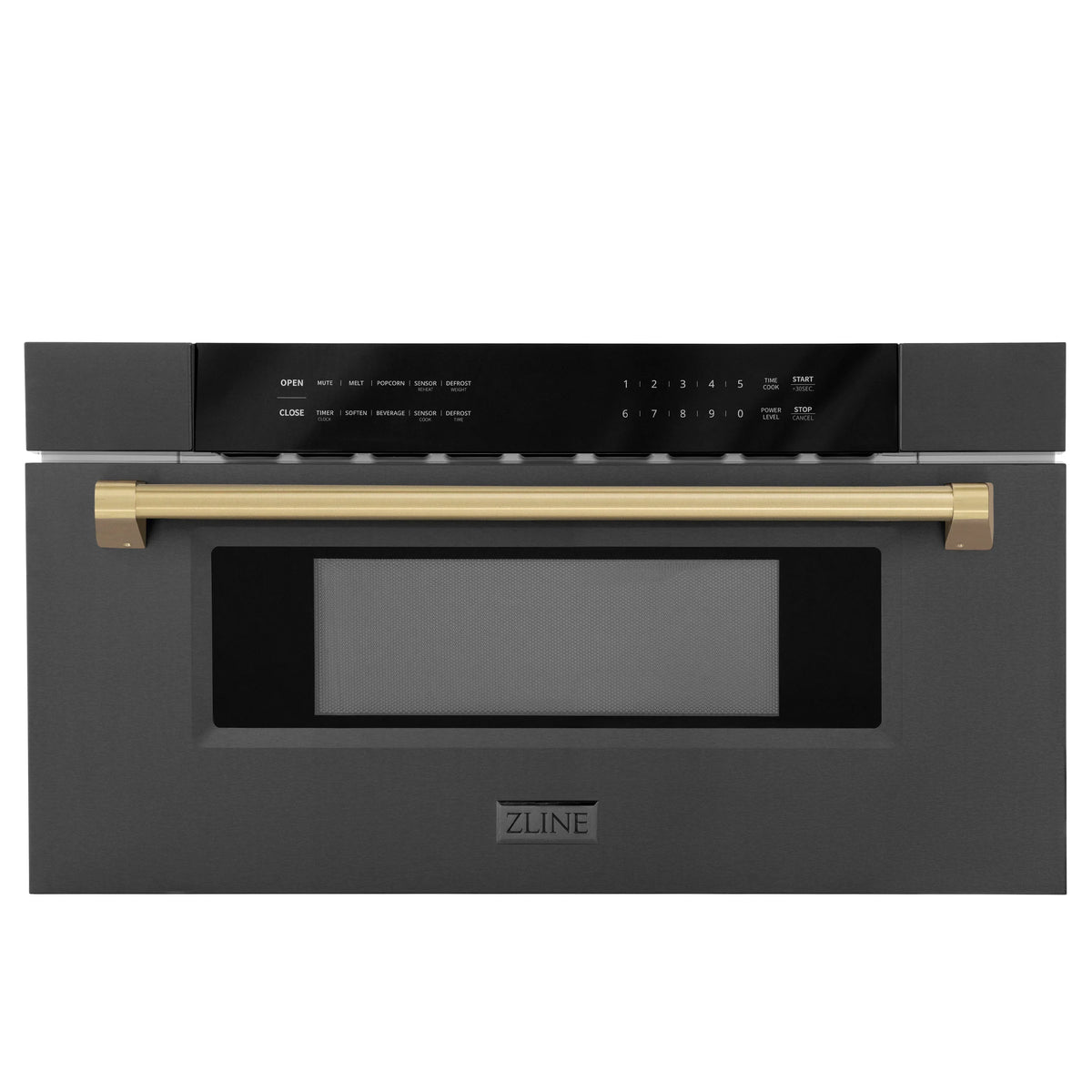 ZLINE 5-Piece Appliance Package - 48-Inch Autograph Edition Induction Range, Wall Mount Range Hood, 36-Inch French Door Refrigerator with Water Dispenser, Dishwasher, and 30-Inch Microwave Drawer in Black Stainless Steel with Champagne Bronze Accents