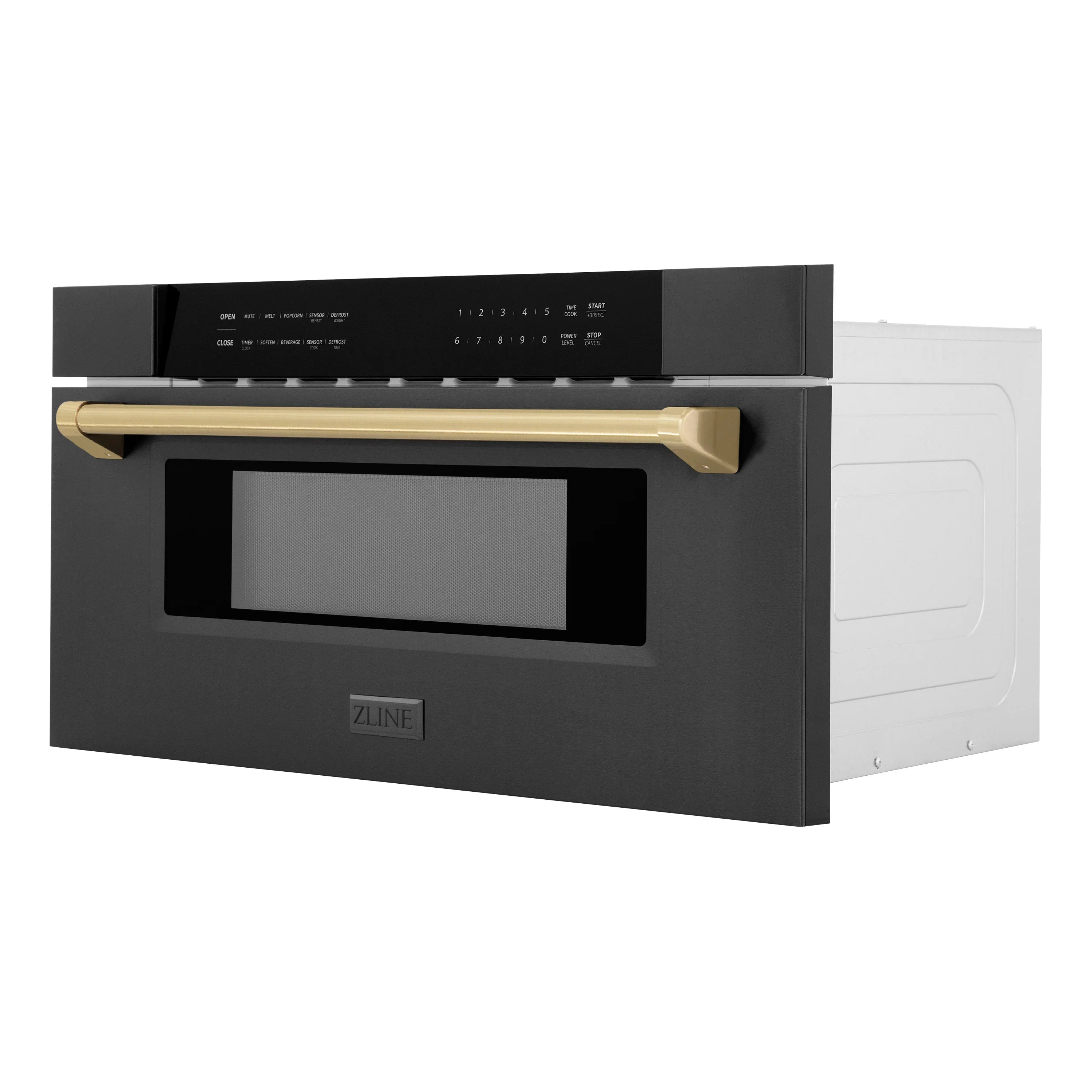 Black microwave drawer front with champagne bronze trim and side white panel