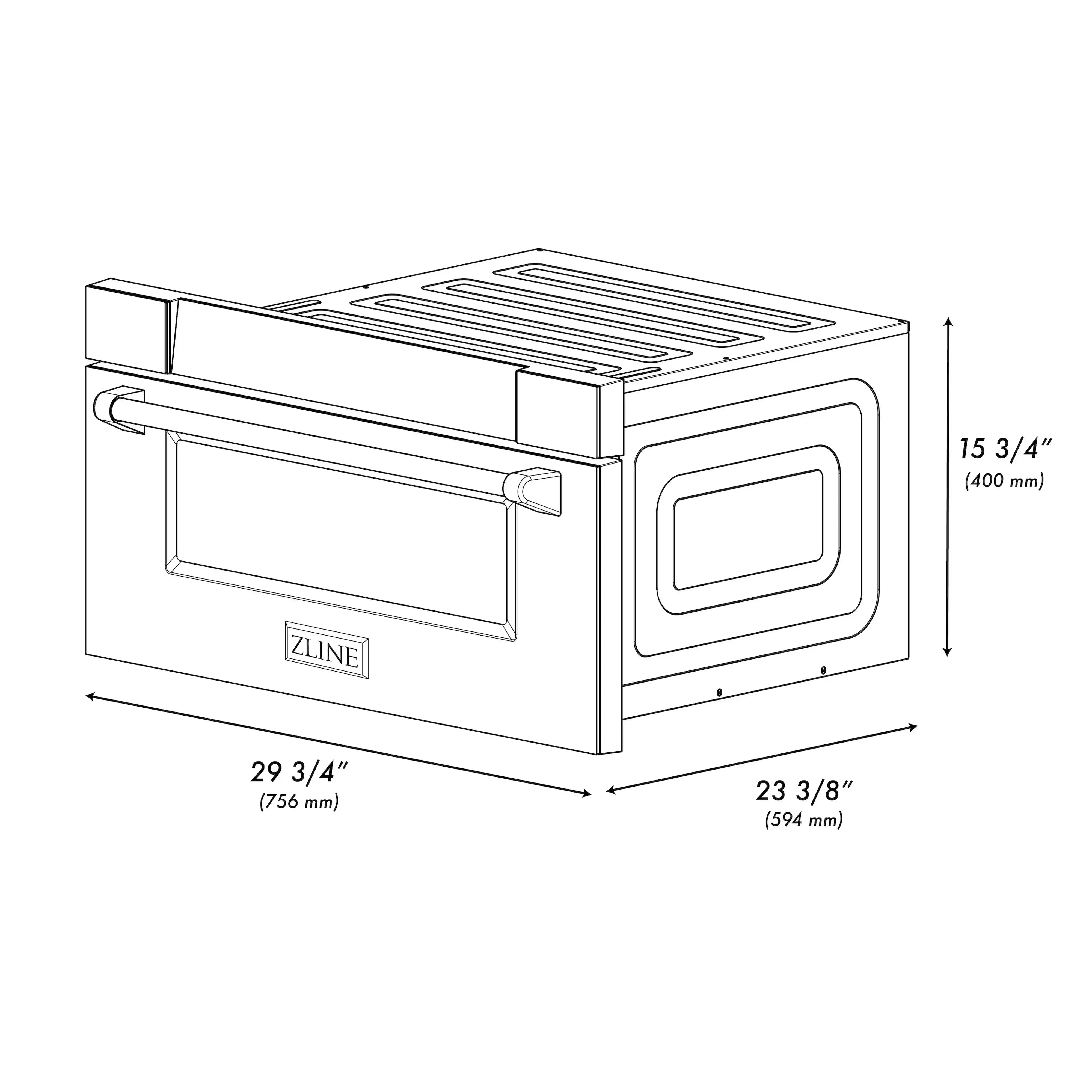 Microwave drawer dimensional diagram with front door and handle outline