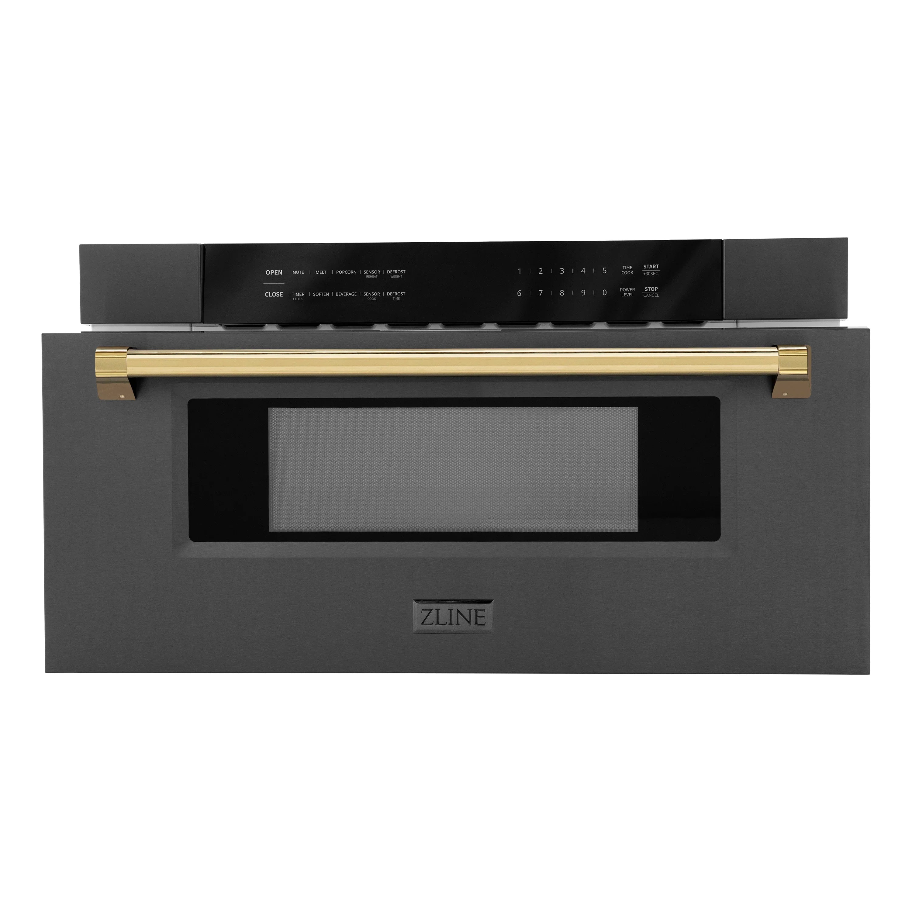 Black microwave drawer with gold handle bar and centered dark glass window