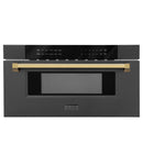 ZLINE 5-Piece Appliance Package - 48-Inch Autograph Edition Gas Range, Wall Mount Range Hood, 36-Inch French Door Refrigerator, Dishwasher, and 30-Inch Microwave Drawer in Black Stainless Steel with Gold Accents