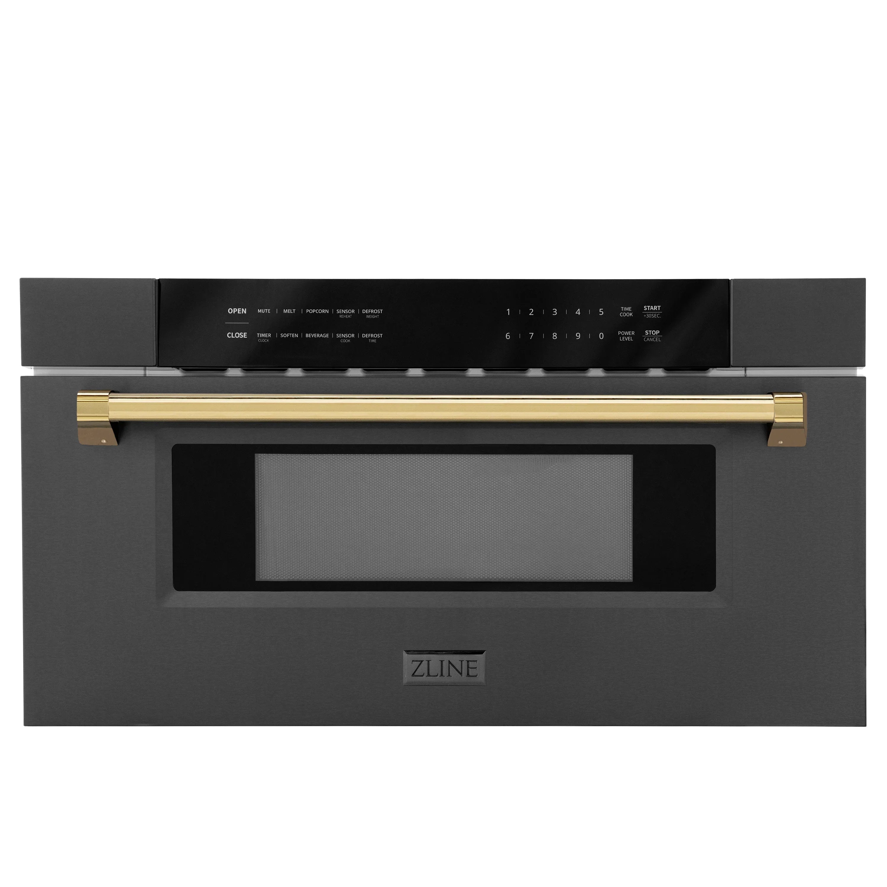 Black built-in microwave drawer with gold bar handle and display