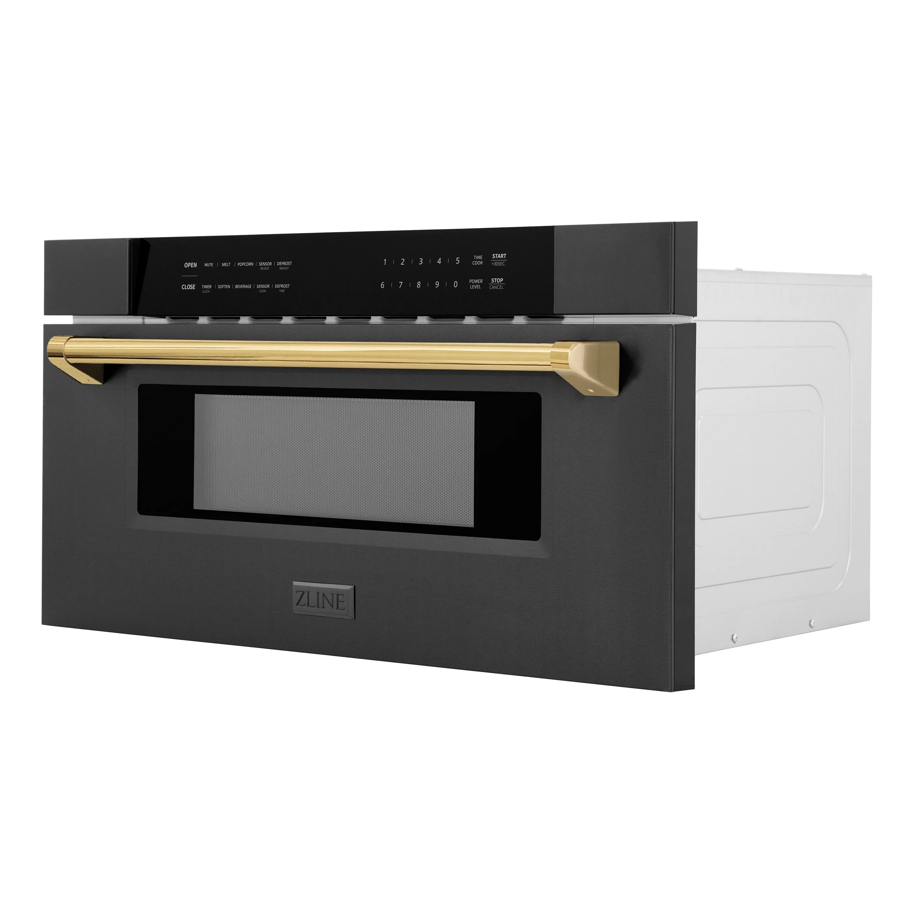 Black stainless steel microwave drawer with gold accent handle and ZLINE badge